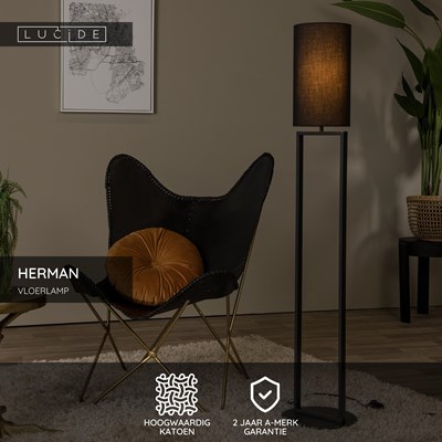 Lucide HERMAN - Vloerlamp - Ø 26 cm - 1xE27 - Zwart
